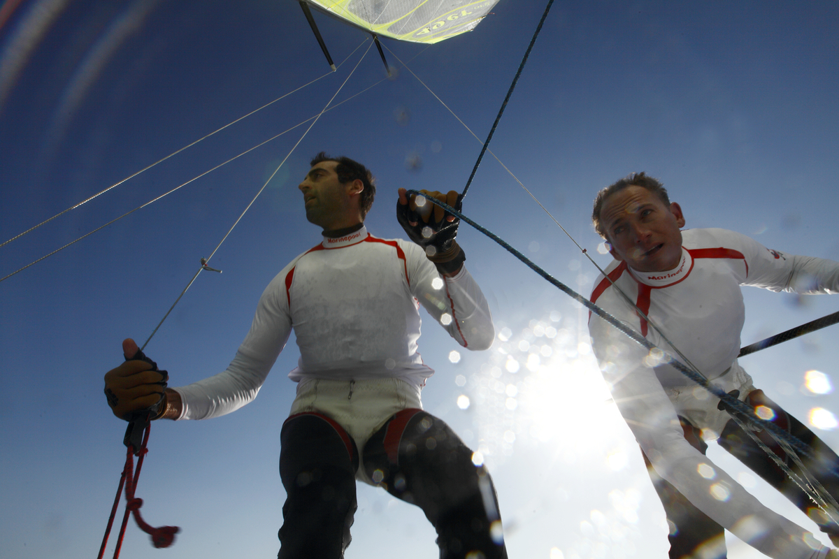 49 er pair Manu Dyen and Stephane Christidis training during a sunny and windy day in Marseille, France.