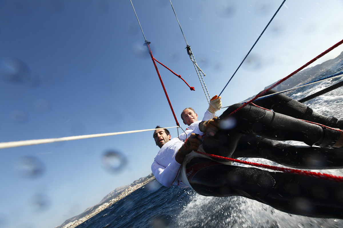 49 er pair Manu Dyen and Stephane Christidis training during a sunny and windy day in Marseille, France.