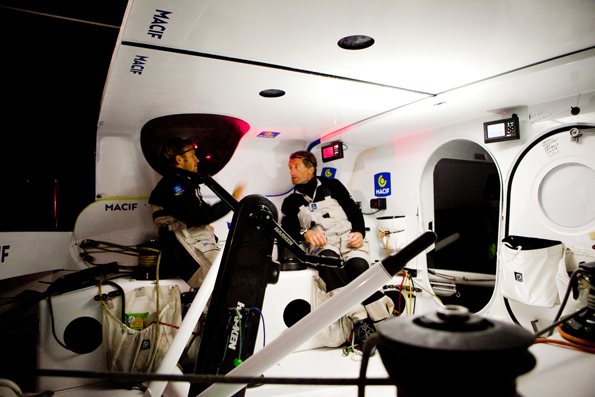 Onboard the IMOCA Open 60 Macif crewed by Francois Gabart and Michel Desjoyeaux during a training session before the Transat Jacques Vabre in the English Channel from Plymouth to Port la Foret after she won on her class the Rolex Fastnet Race.